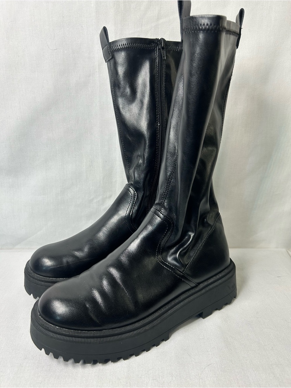 Zara Black Leather Mid-Calf Lug-Sole Boots